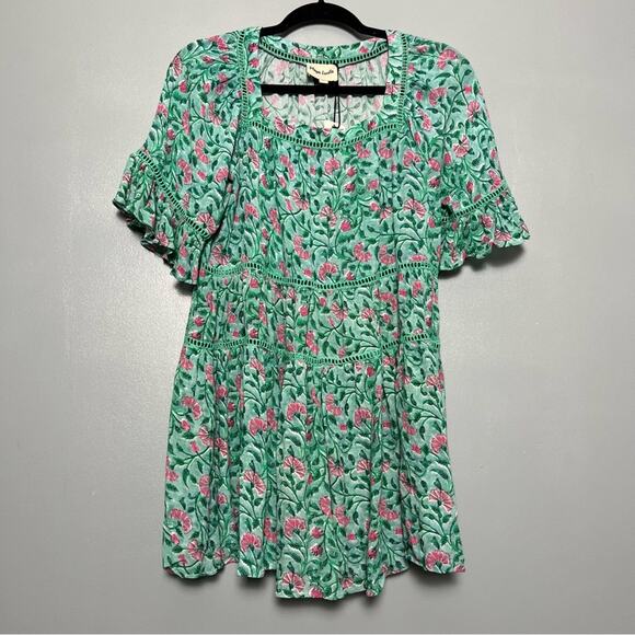 NWT Playa Lucila Floral Tiered Mini Dress Green Flowy Beach Boho Women’s Size S - Picture 1 of 8